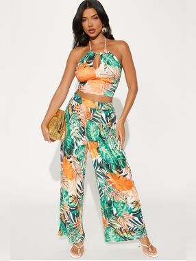 Fashion Nova Orange & Green Tropical Halter Crop Top with Wide-Leg Pants